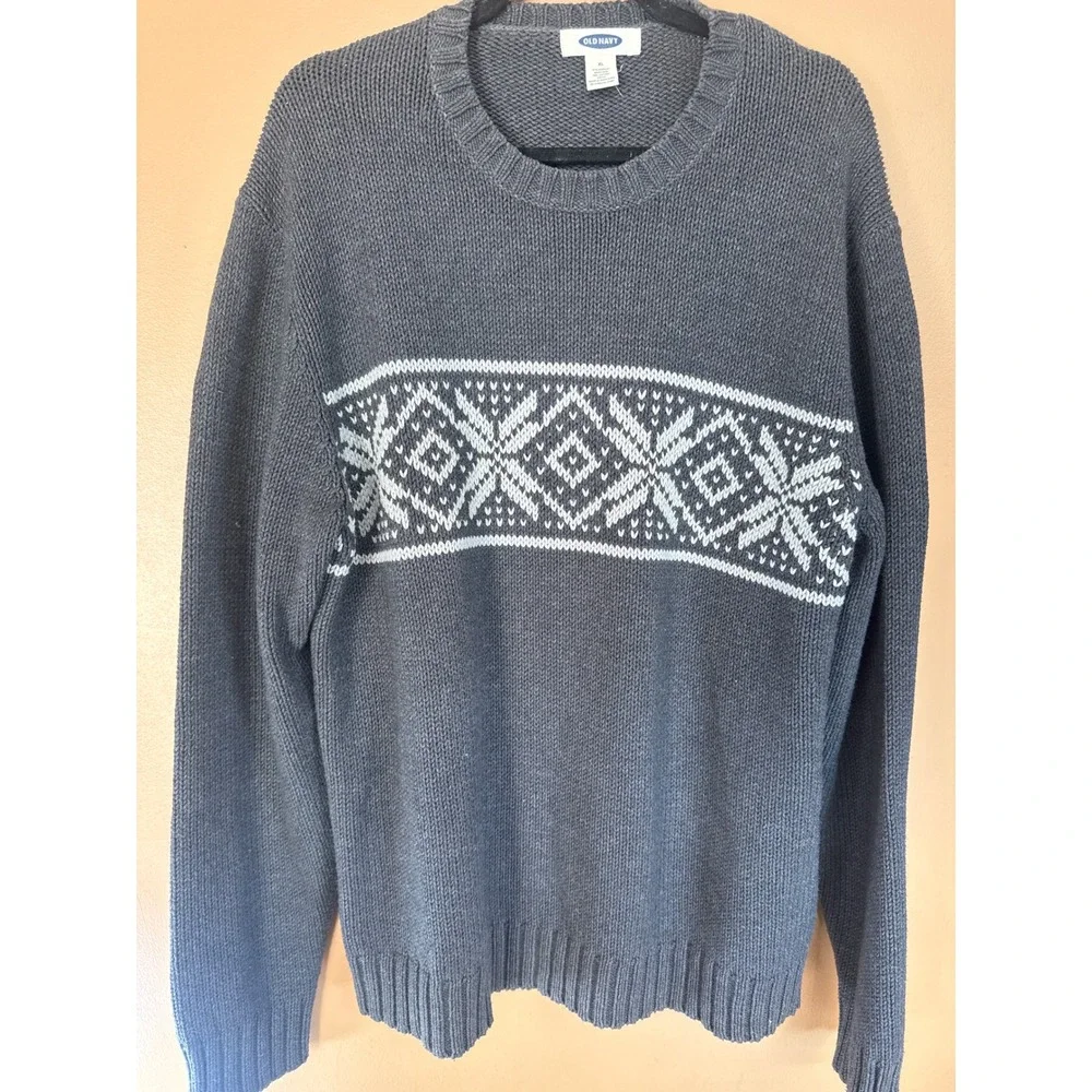 Old Navy Mens XL Charcoal Gray Fair Isle Geometric Knit Crewneck Sweater Pullove